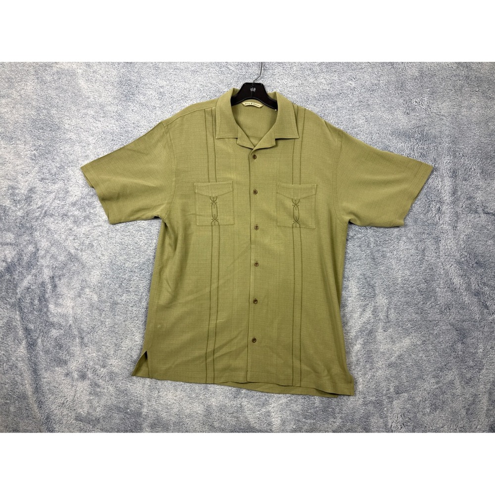 Tommy Bahama Mens S Green Silk Camp Shirt Embroidered Pocket Button Down 9854